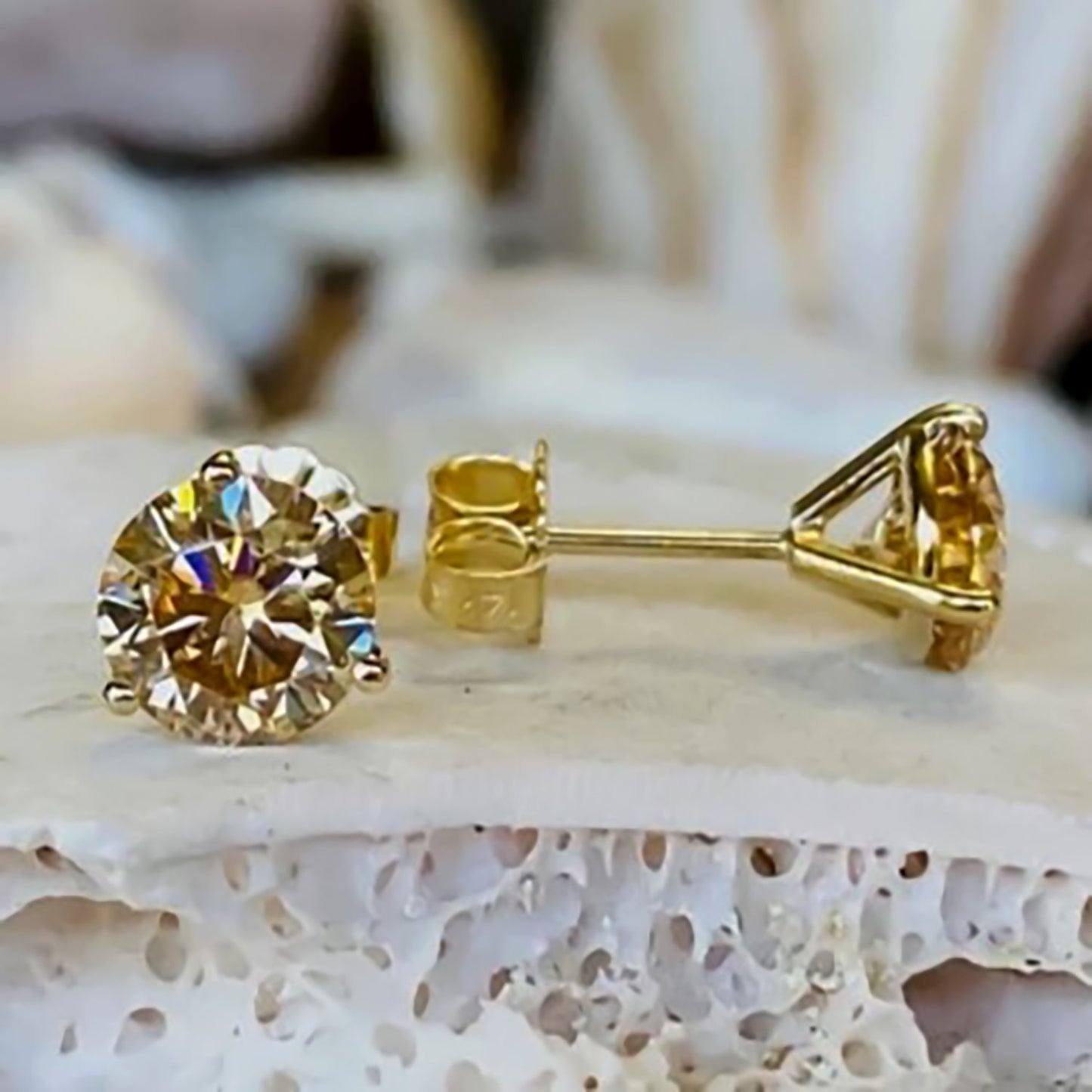4 ct DEW Certified Champagne Moissanite Solitaire Studs In Gold Vermeil