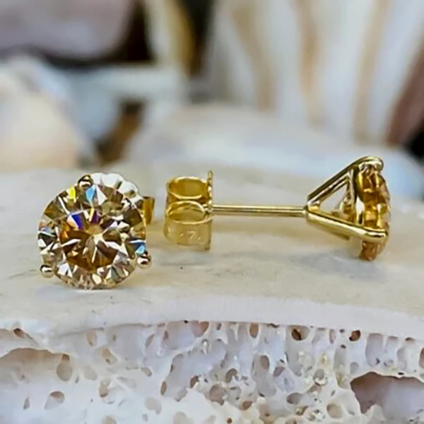 4 ct DEW Certified Champagne Moissanite Solitaire Studs In Gold Vermeil