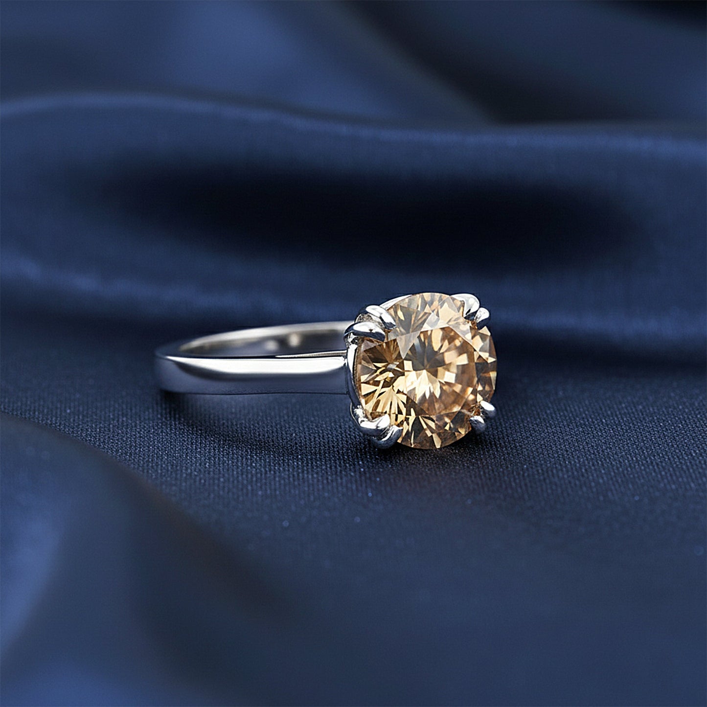 3.21 Ct Round Cut Champagne Lab Grown Diamond Ring — VS1 Clarity, 18k Gold Vermeil