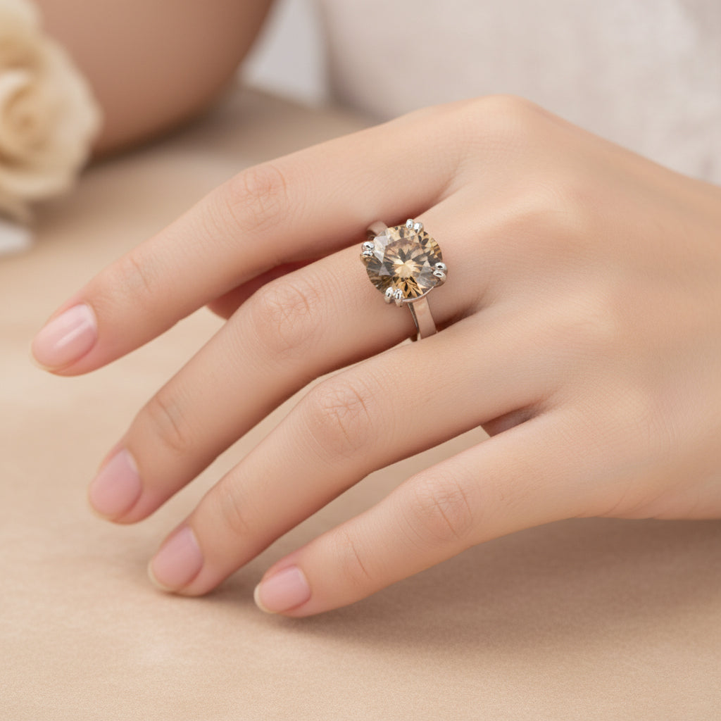 3.45ct DEW Champagne Moissanite Round Solitaire Ring