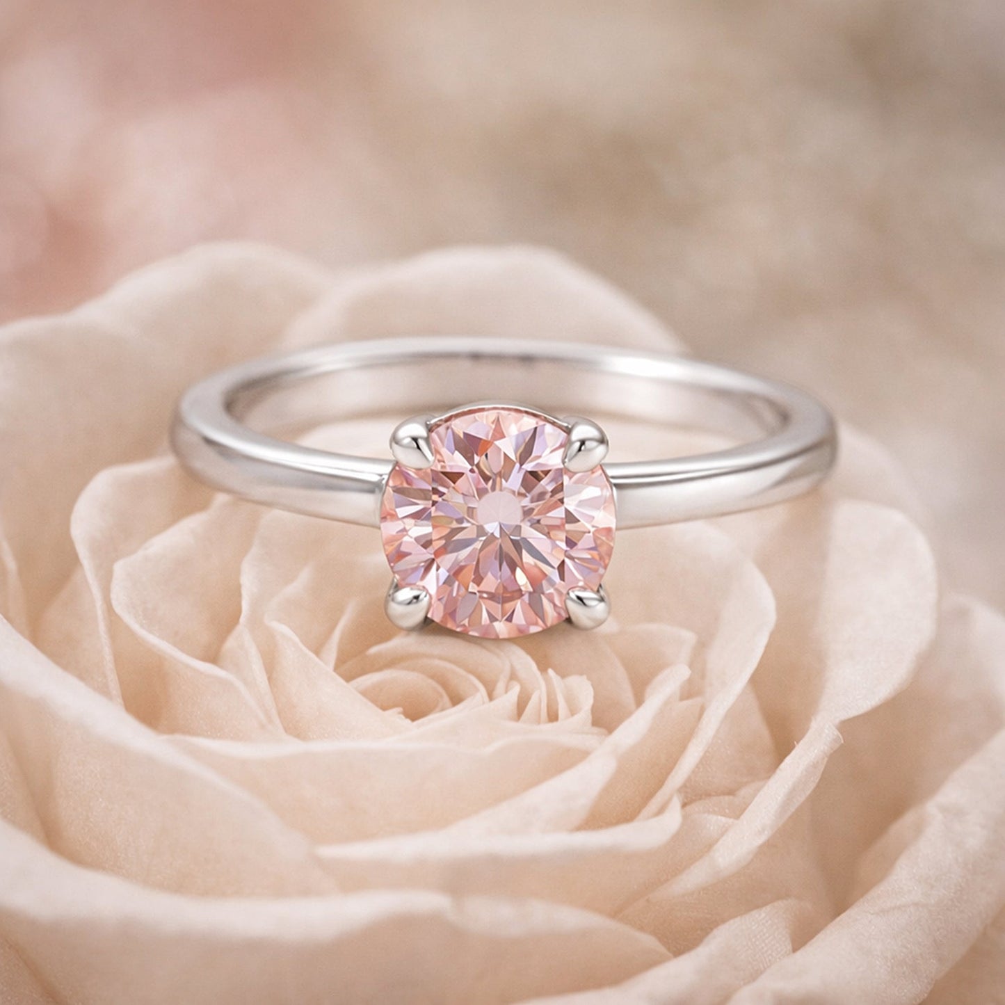 Certified 3 ct DEW Round Cut Pink Moissanite Solitaire Ring in Gold Plated Vermeil