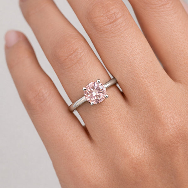 Certified 3 ct DEW Round Cut Pink Moissanite Solitaire Ring in Gold Plated Vermeil