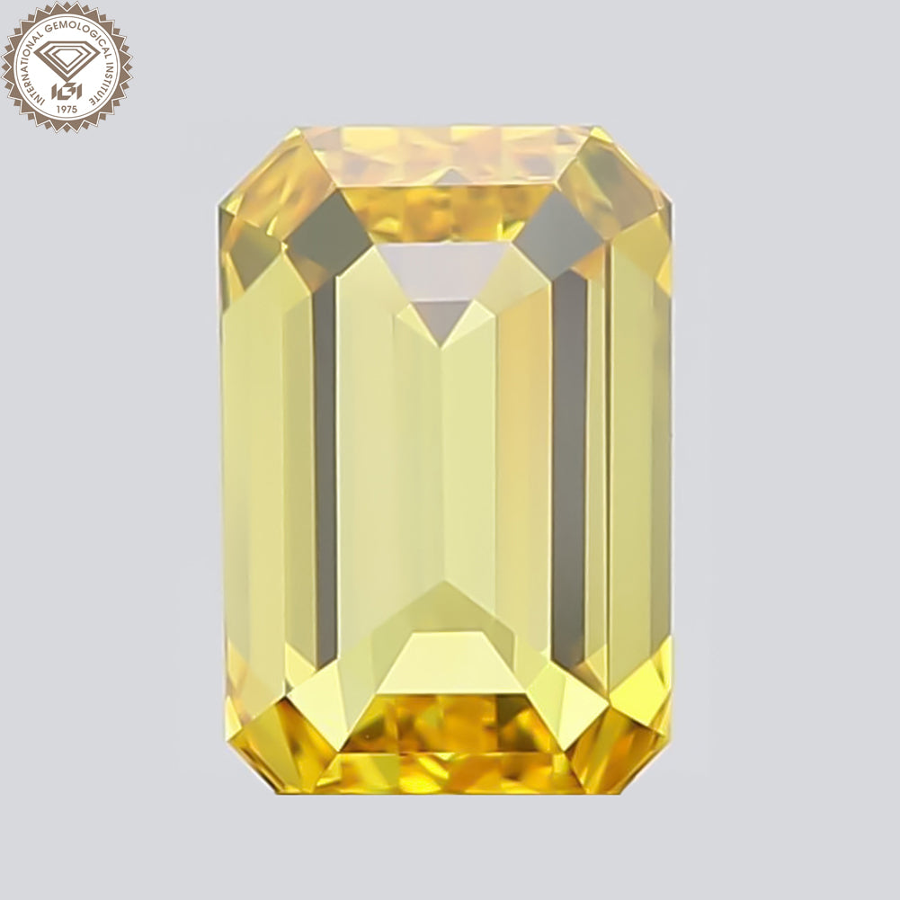 IGI Certified 2.08 Ct. Emerald Cut HPHT Diamond Fancy Vivid Yellow VS1 Clarity