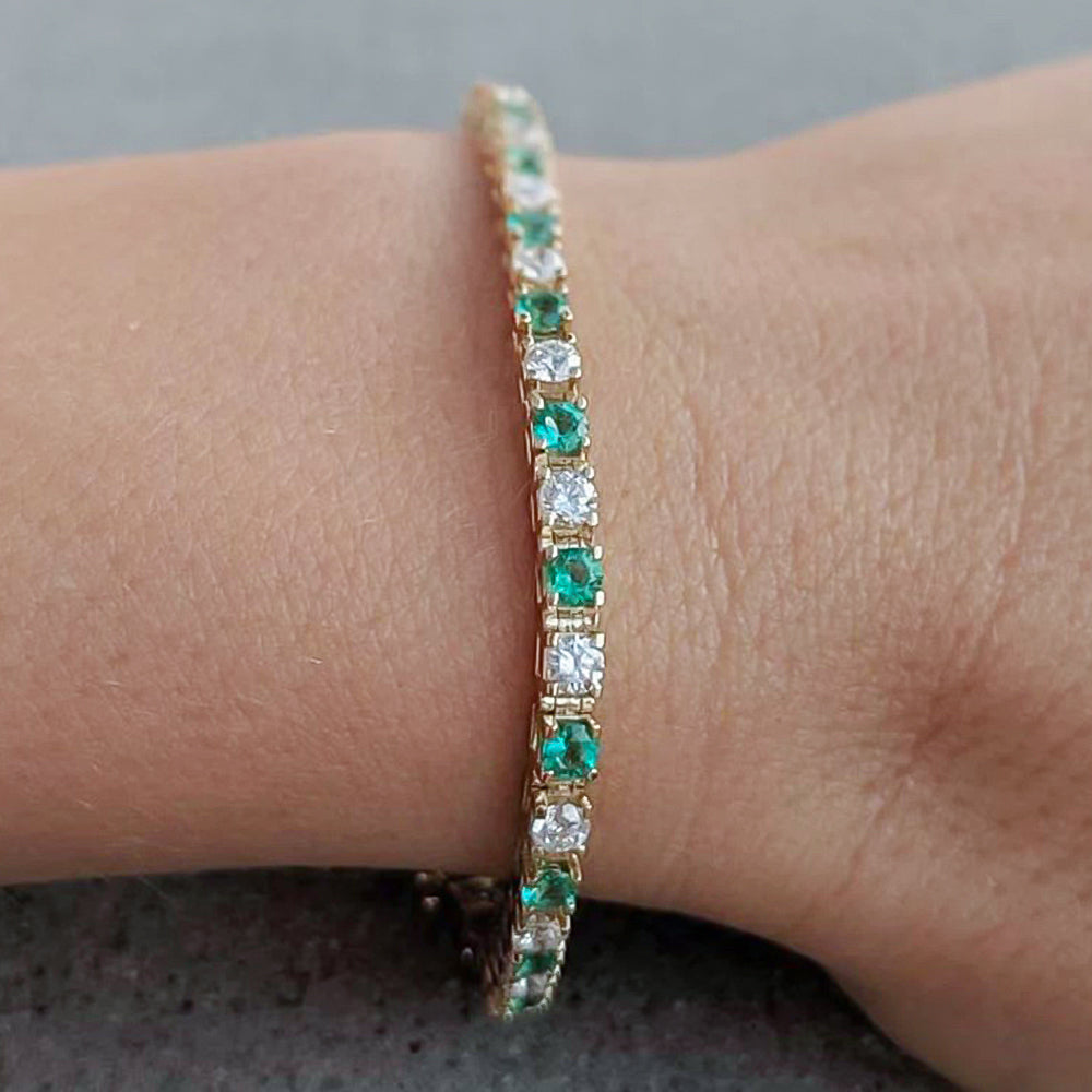 Certify Round Cut Natural Emerald & Diamond Tennis Charm Gift Bracelet 14k Gold