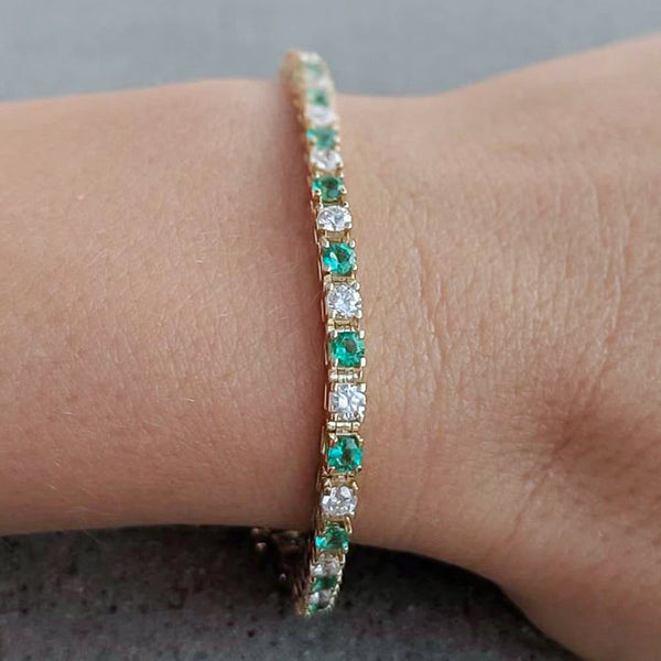 Certify Round Cut Natural Emerald & Diamond Tennis Charm Gift Bracelet 14k Gold