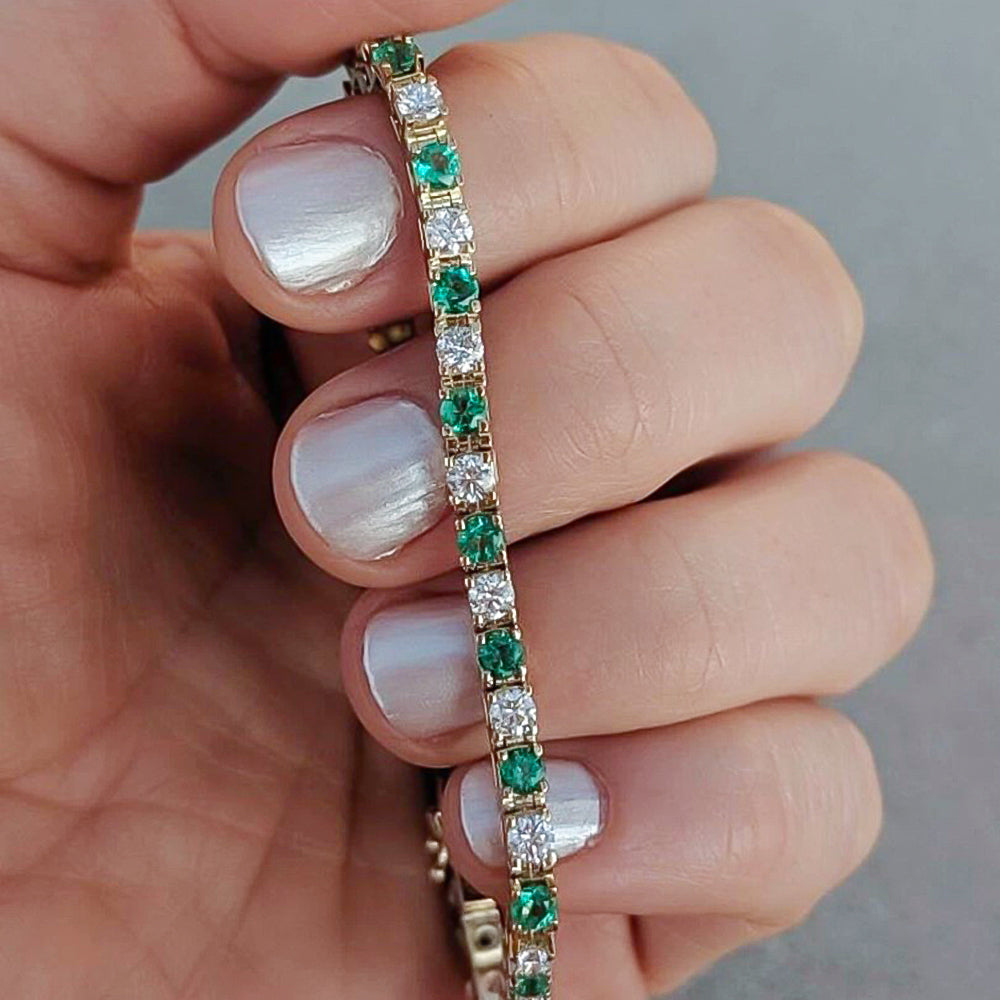 Certify Round Cut Natural Emerald & Diamond Tennis Charm Gift Bracelet 14k Gold