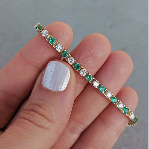 Certify Round Cut Natural Emerald & Diamond Tennis Charm Gift Bracelet 14k Gold