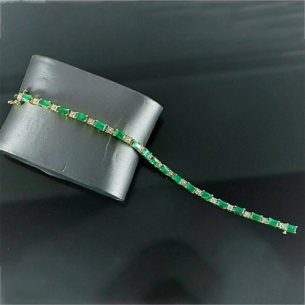 Natural Green Emerald & Diamond Women's Tennis Bracelet Solid 14k Yellow Gold - GEMHUB