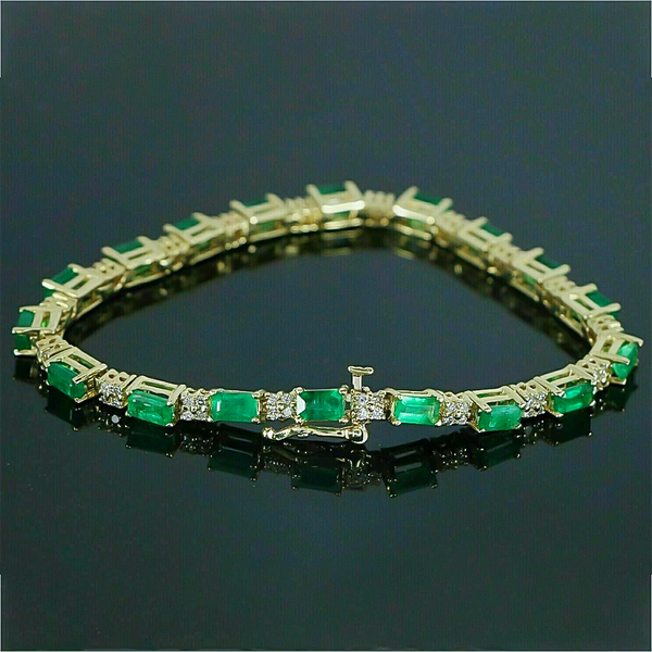 Natural Green Emerald & Diamond Women's Tennis Bracelet Solid 14k Yellow Gold - Image 4 - GEMHUB