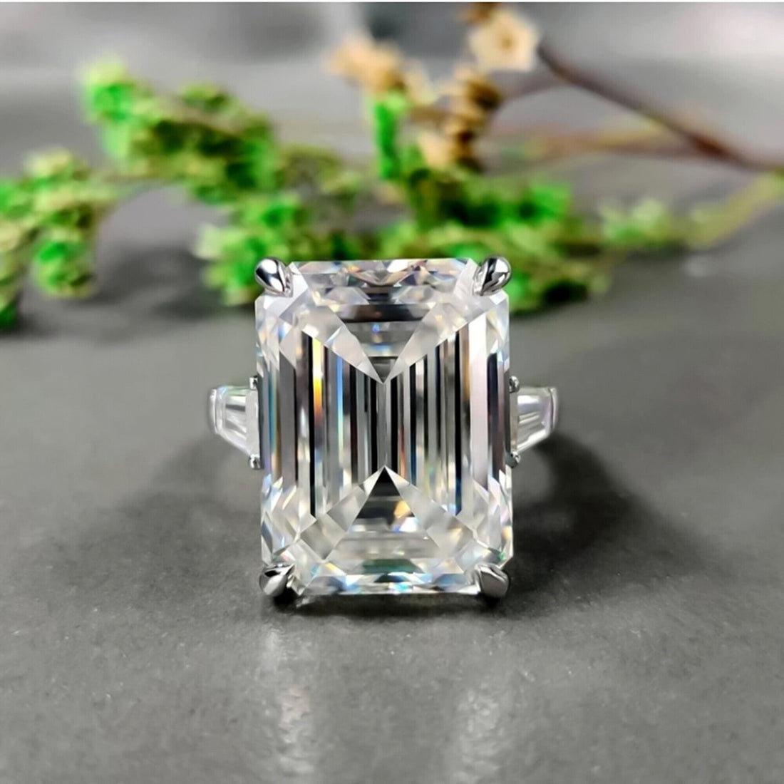 14.50 Ct Emerald Cut Off White Moissanite Ring – Bridal Jewellery 18K Gold Plated Vermeil