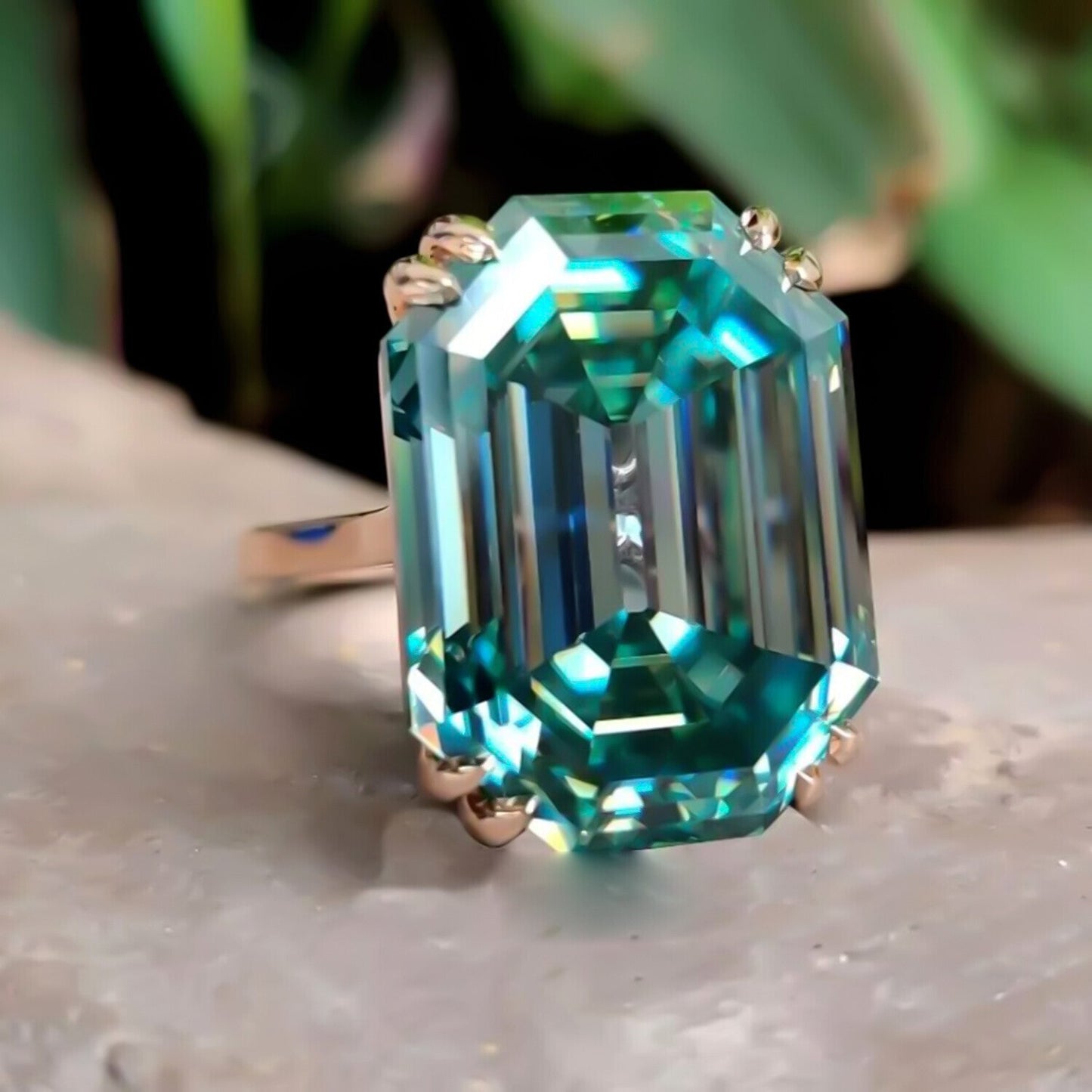 17.60 Ct Blue Emerald Cut Moissanite Ring Bold Statement Gift Ring 18K Gold Plated 18K Gold Plated