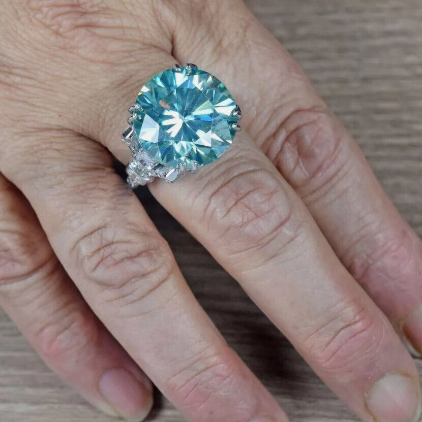 10.25 Ct Certified Blue Round Moissanite Ring – Big Christmas Gift Pick 18K Gold Plated
