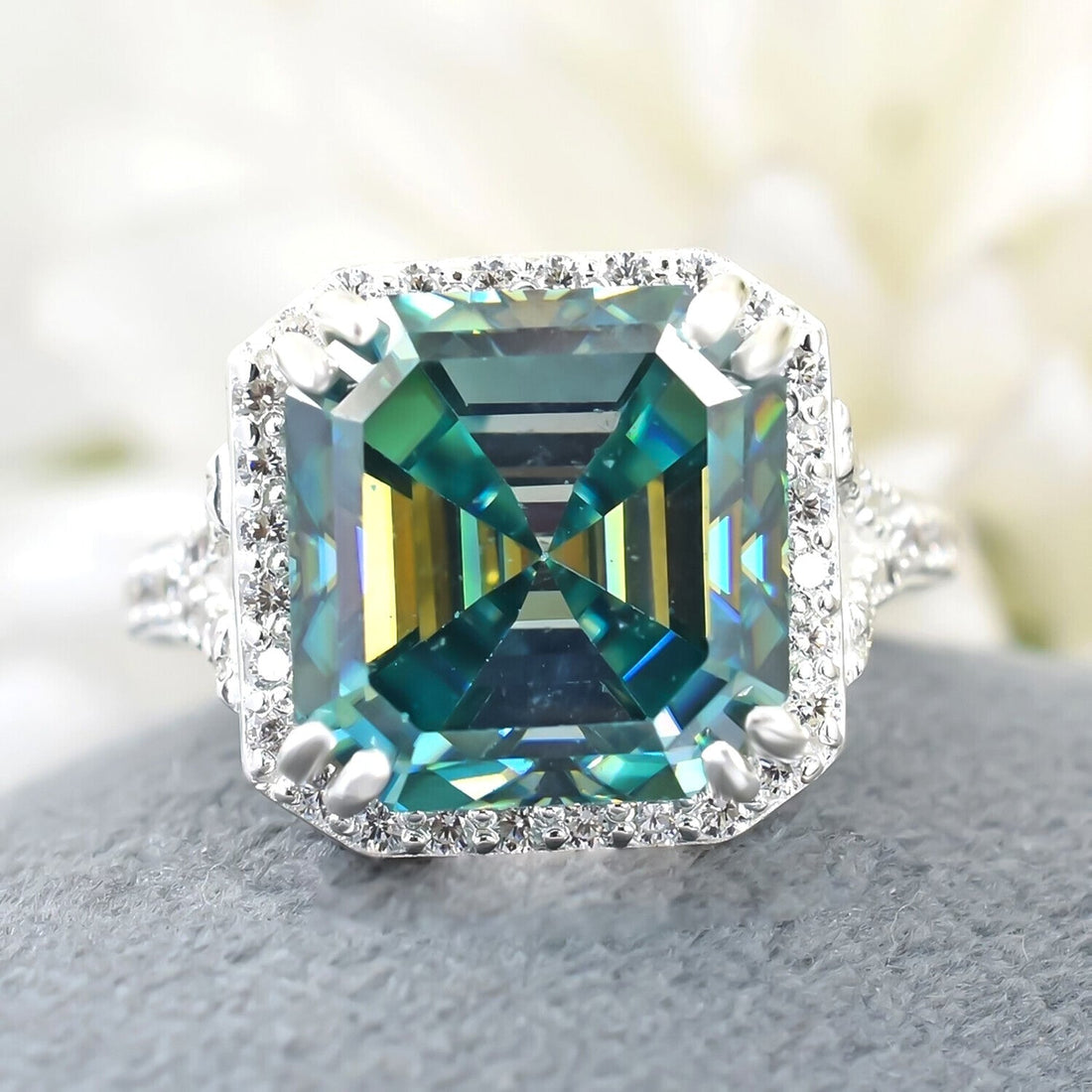8.10 Ct Asscher Cut Blue Moissanite Ring Unique Gift for Her 18K Gold Plated Vermeil