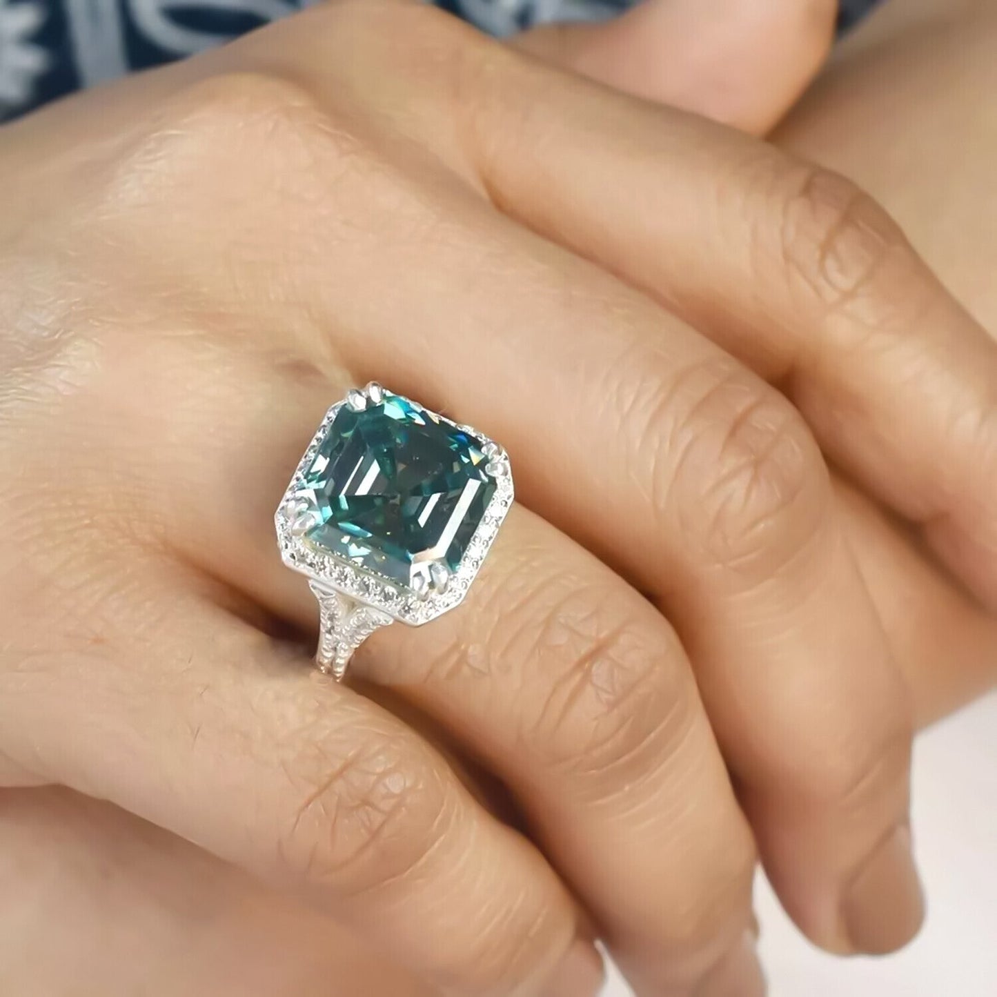8.10 Ct Asscher Cut Blue Moissanite Ring Unique Gift for Her 18K Gold Plated Vermei 18K Gold Plated
