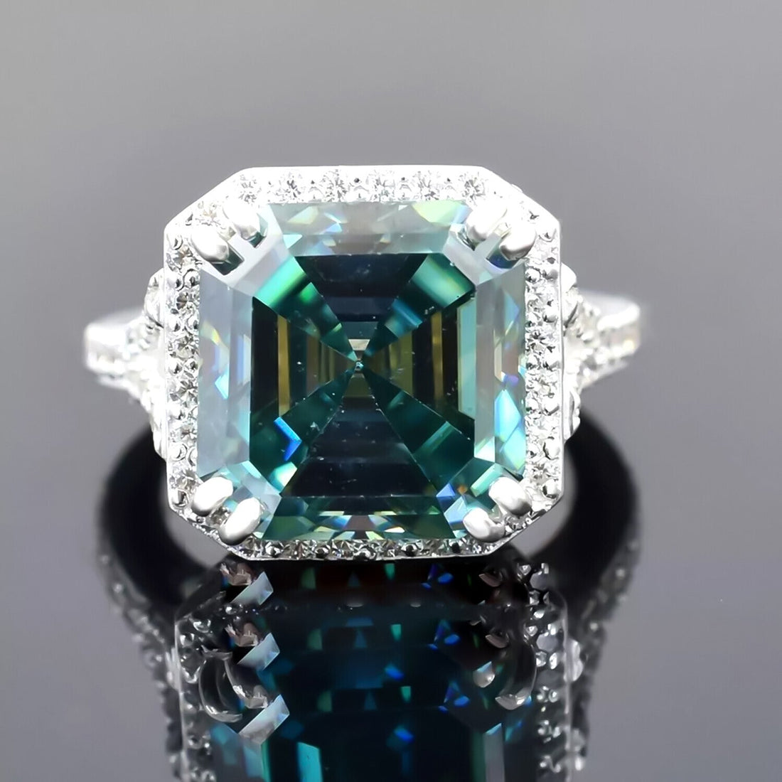 8.10 Ct Asscher Cut Blue Moissanite Ring Unique Gift for Her 18K Gold Plated Vermeil