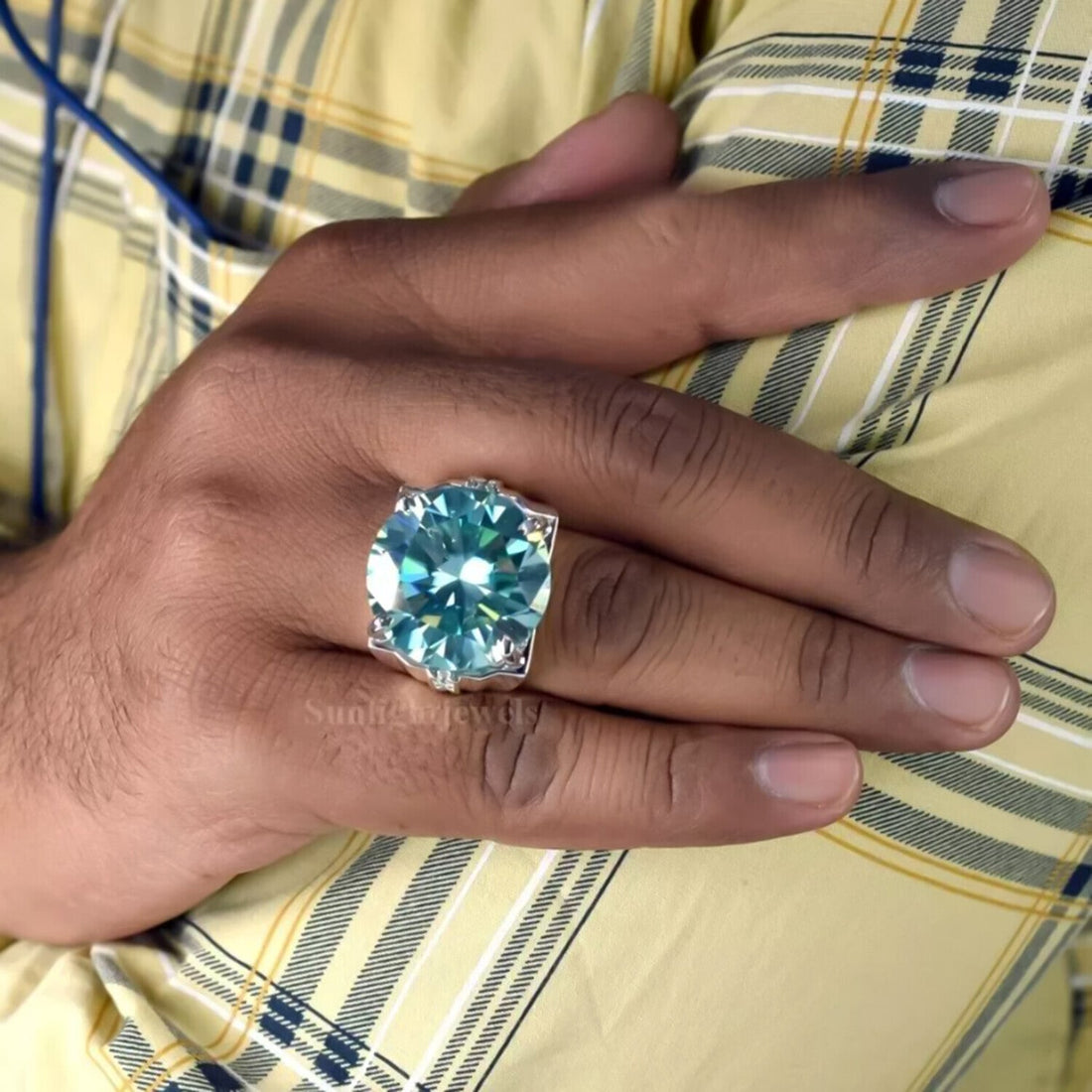 15.40 Ct Round Blue Moissanite Ring Festival Gift for Wife or Mom 18K Gold Plated Vermeil