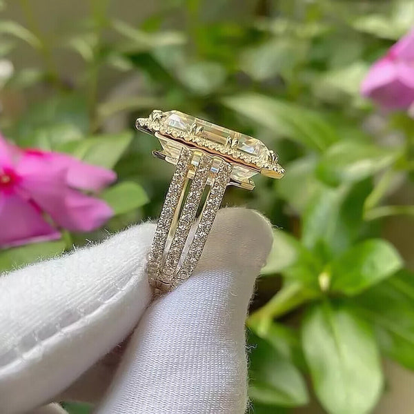 RARE 22.60 Ct Emerald Cut Off White Treated Moissanite Ring in WOW 18K Gold Plated 18K Gold Plated