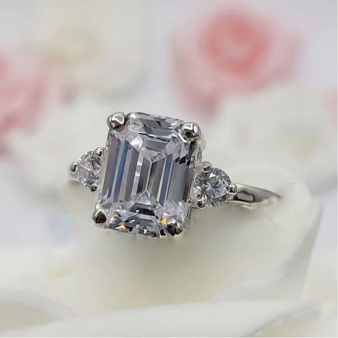 RARE 5.50 Ct Emerald Cut Off White Treated Moissanite Ring in Certified 18K Gold Plated