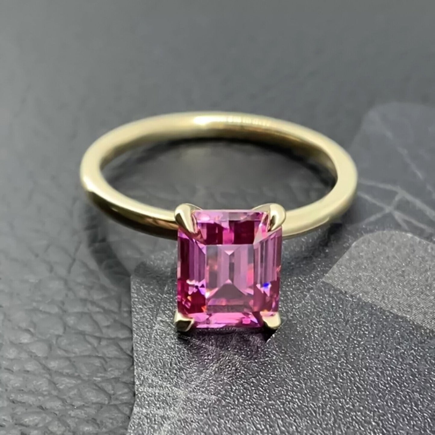 RARE 3.45 Ct Emerald Cut Pink Moissanite Solitaire Ring in Certified 18K Gold Plate 18K Gold Plated