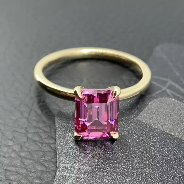 RARE 3.45 Ct Emerald Cut Pink Moissanite Solitaire Ring in Certified 18K Gold Plate 18K Gold Plated
