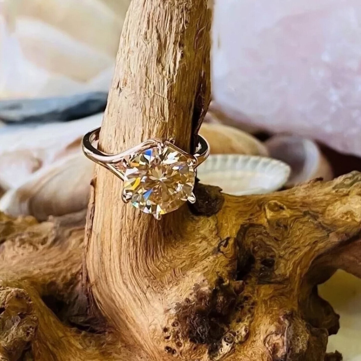 RARE 6.50 Ct Champagne Round Cut Moissanite Solitaire Ring in Cert 18K Gold Plated 18K Gold Plated
