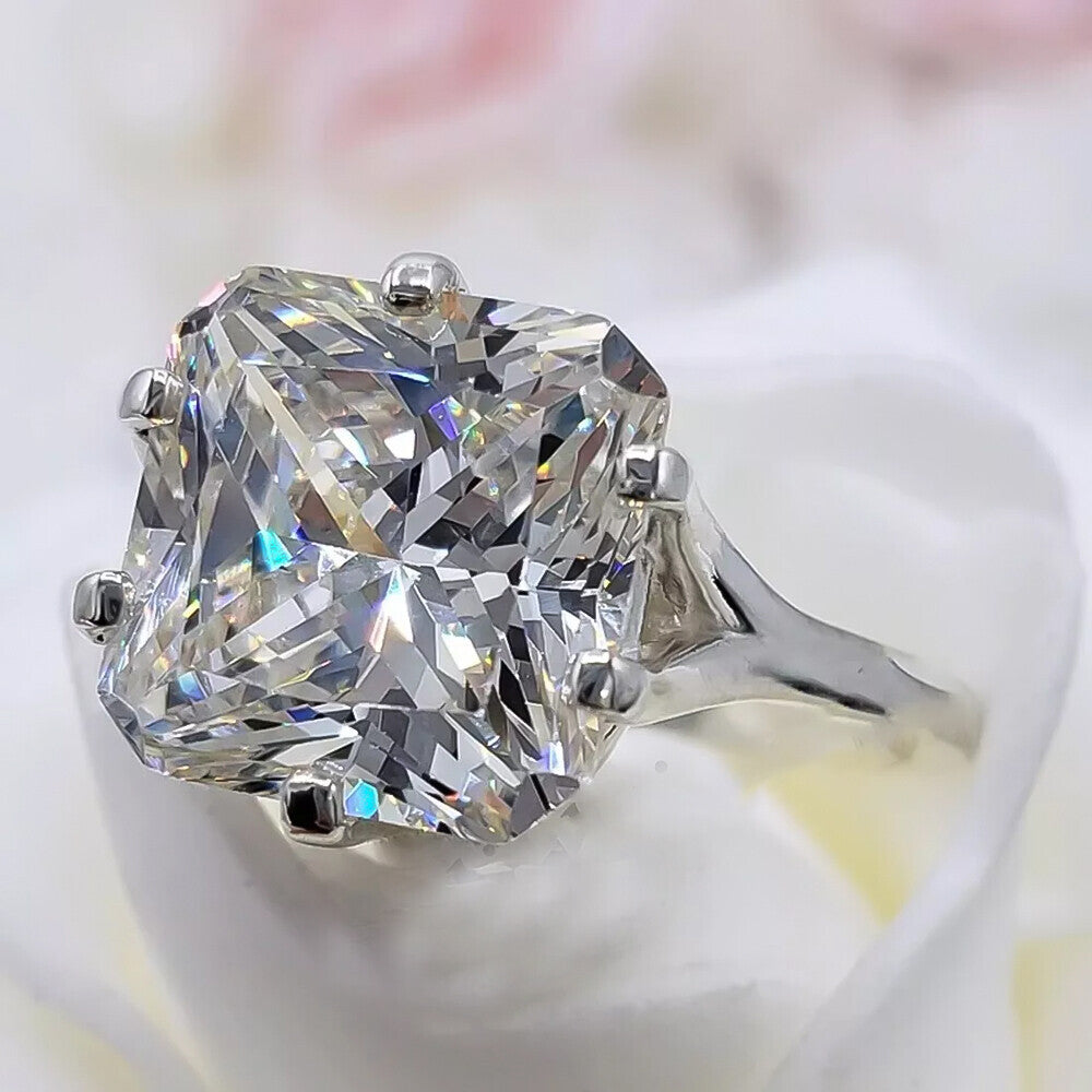 RARE 24.30 Ct Radiant Cut Off White Treated Moissanite Ring in Certified 18K Gold Plated