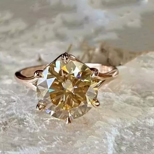 RARE 6.50 Ct Champagne Round Cut Moissanite Solitaire Ring in Cert 18K Gold Plated 18K Gold Plated