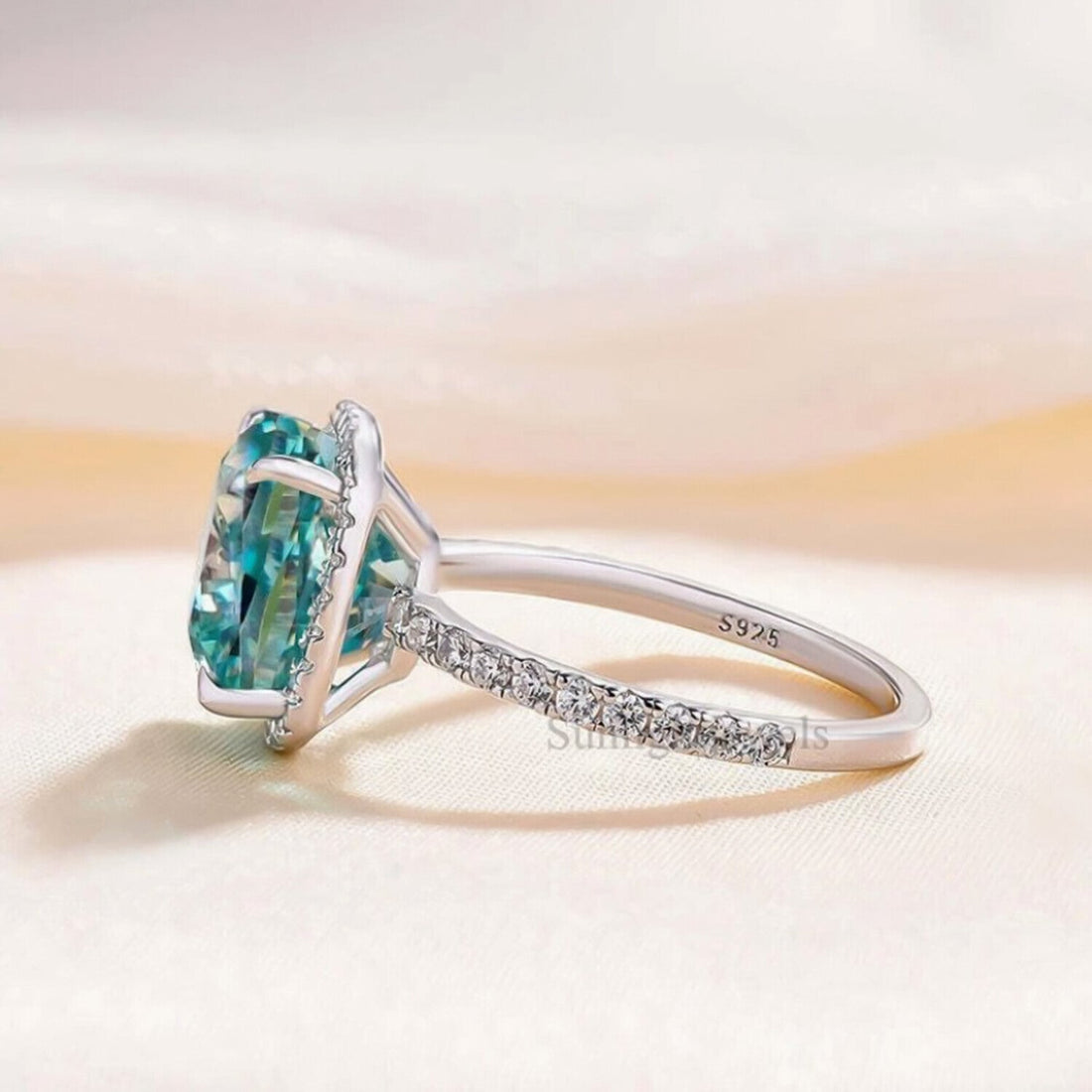 5.90 Ct Cushion Cut Blue Treated Moissanite Solitaire Ring in WOW 18K Gold Plated Vermeil