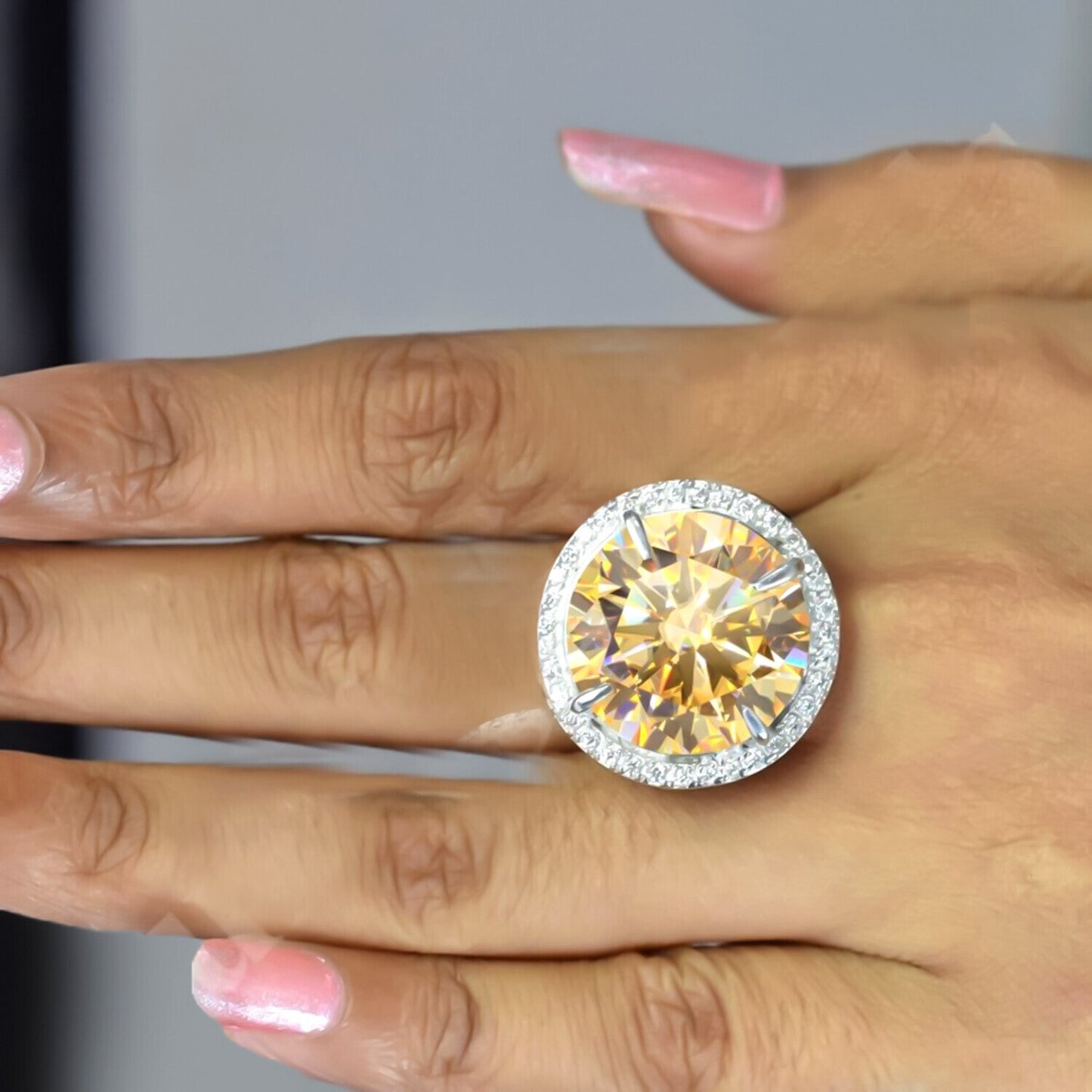 RARE 35.20 Ct Round Cut Champagne Treated Moissanite Ring in Gift 18K Gold Plated V 18K Gold Plated