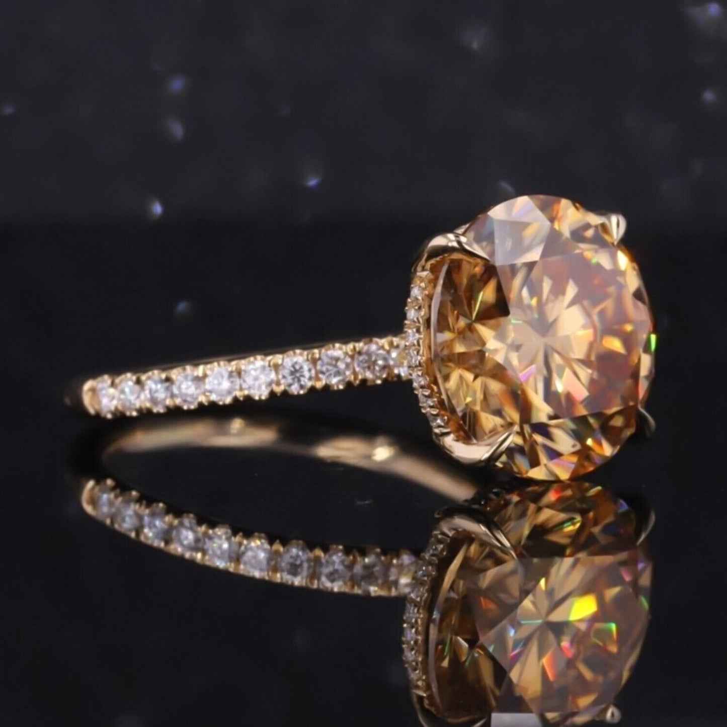 RARE 9 Ct Round Brilliant Champagne Moissanite Ring in 18K Gold Plated