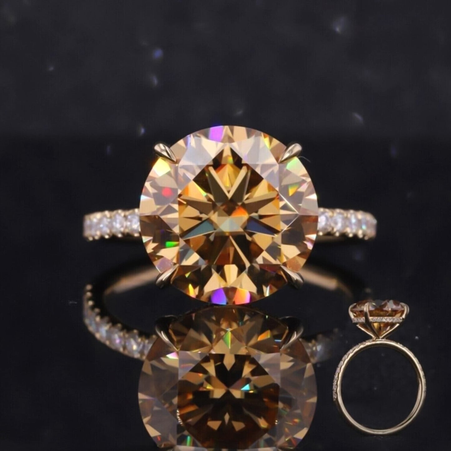 RARE 9 Ct Round Brilliant Champagne Moissanite Ring in 18K Gold Plated