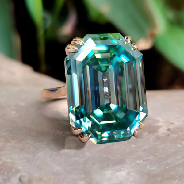 35.20 Ct Emerald Cut Blue Moissanite Ring in Solitaire Certified 18K Gold Plated Ve 18K Gold Plated