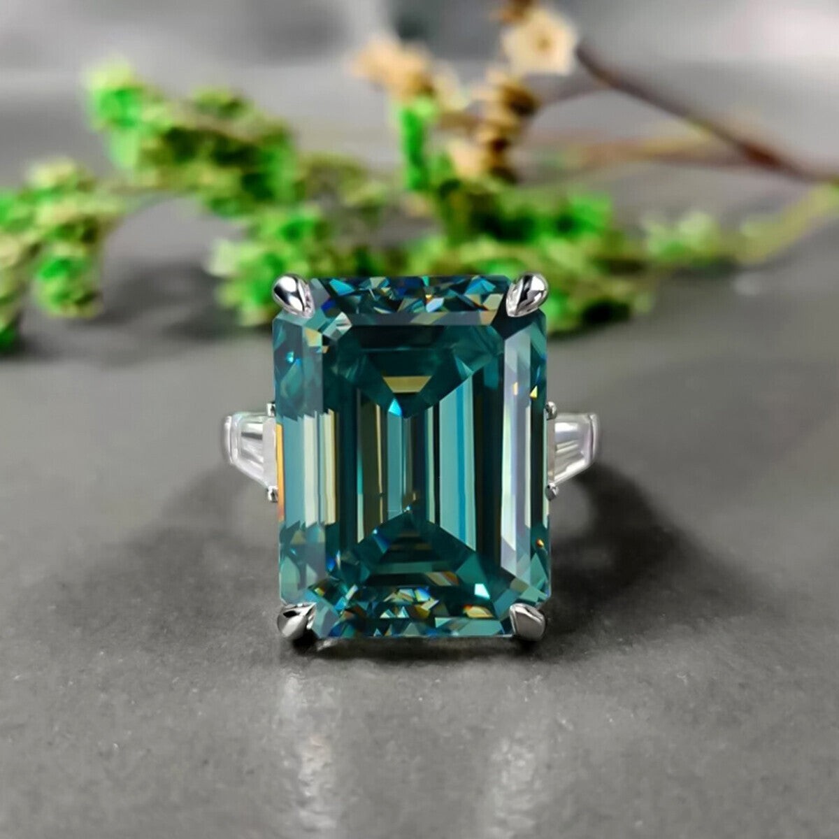 5.85 Ct Emerald Cut Blue Moissanite Ring In With EGL Certificate 18K Gold Plated Ve 18K Gold Plated