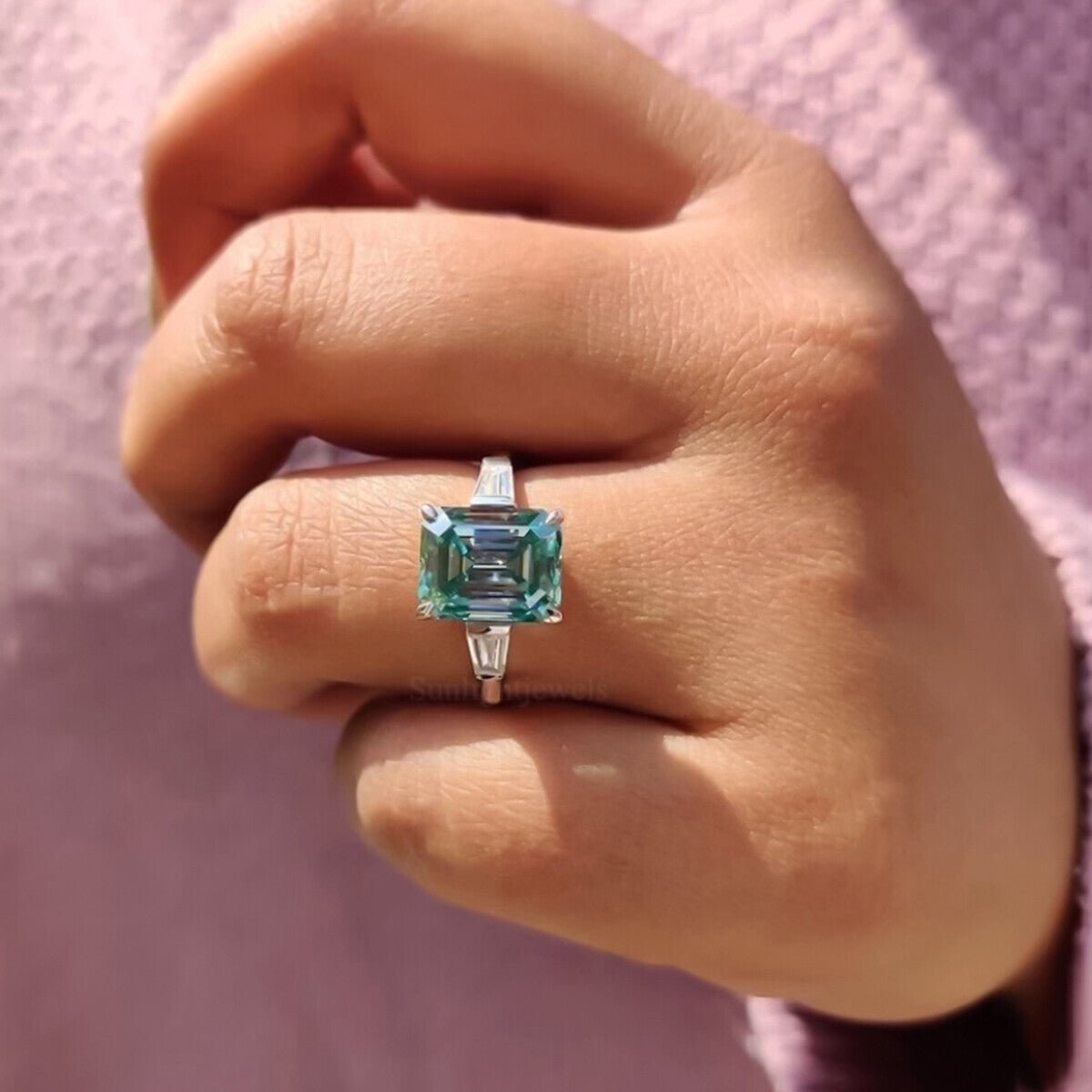 7.30 Ct Certified Blue Moissanite Emerald Cut Solitaire Ring Ring 18K Gold Plated V 18K Gold Plated