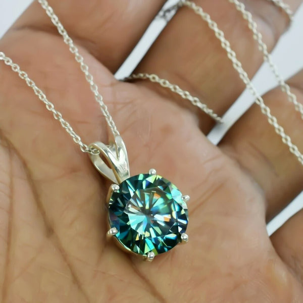 7.80 Ct Certified Round Blue Moissanite Pendant In Vermeil 925 Silver Jewellery - View 2 - GEMHUB