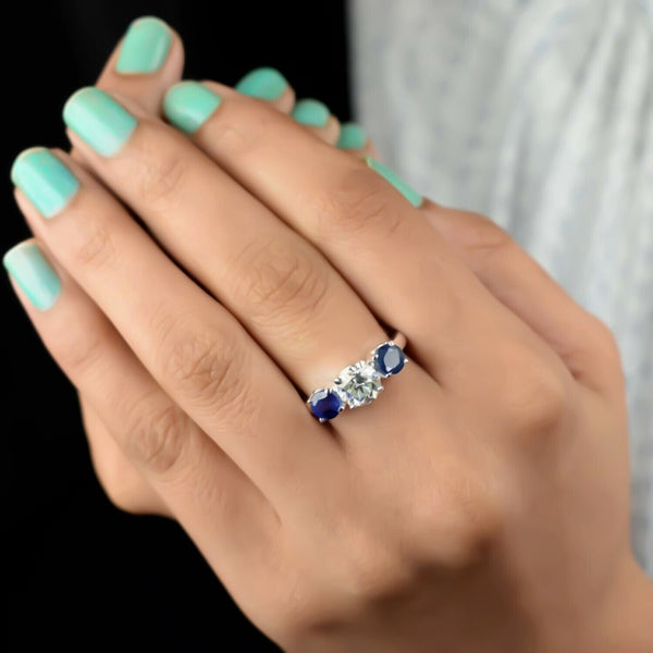 Certified 1.00 Ct White Moissanite Ring with Sapphire Accents – Labor Day Gift 18K 18K Gold Plated