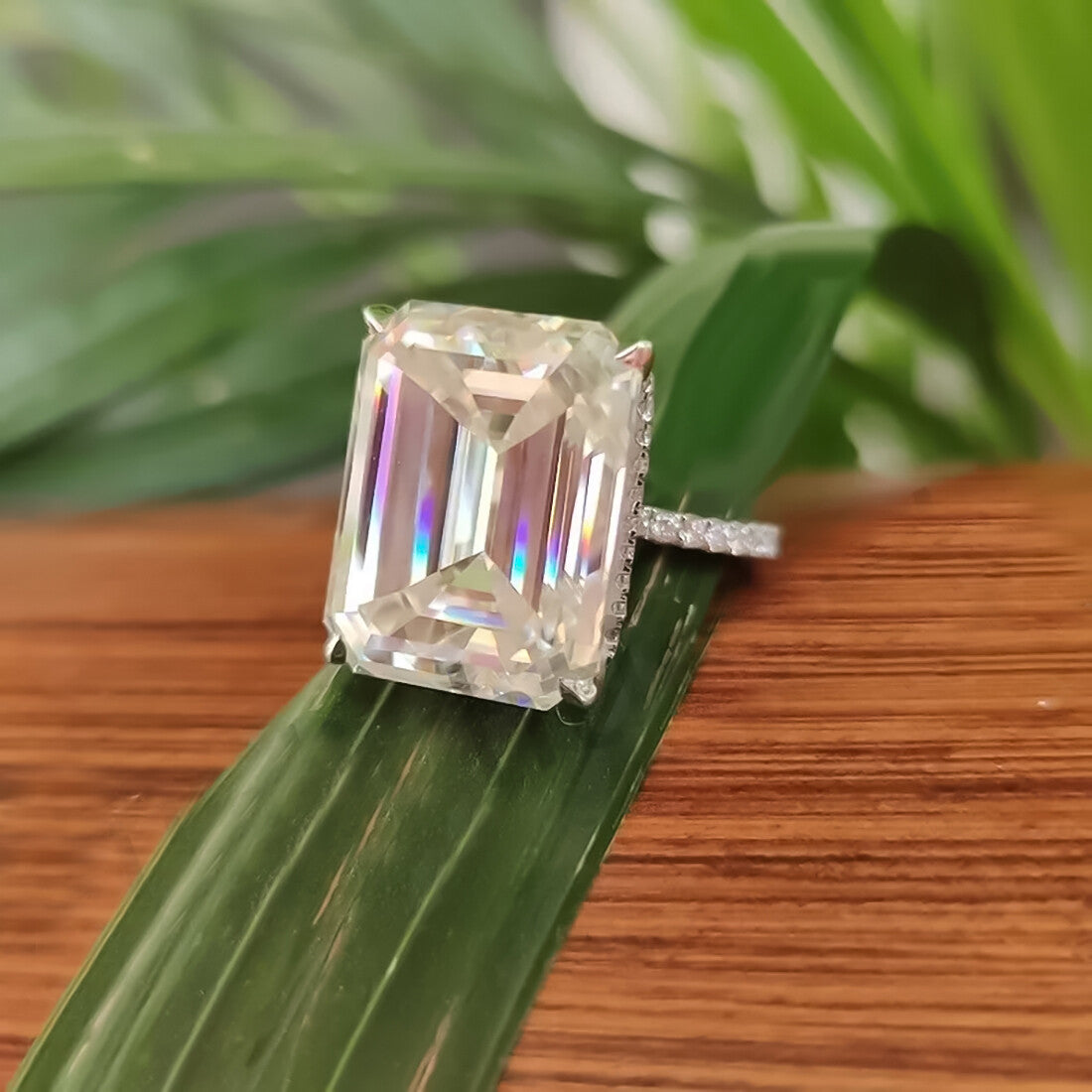 18.65ct DEW White Moissanite Emerald Solitaire Ring