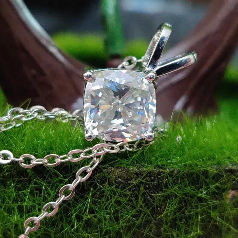 4.60 Ct Certified Cushion Cut White Moissanite Solitaire Pendant In Vermeil - View 3 - GEMHUB