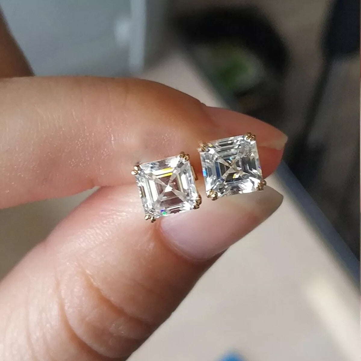 5.20 Ct Certified White Square Cut Moissanite Solitaire Studs Gold Vermeil - GEMHUB