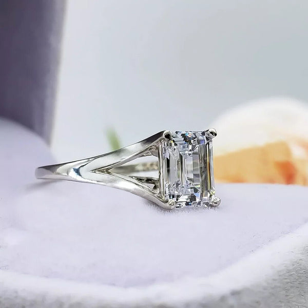 2.90 Ct Certified Emerald Cut Solitaire White Moissanite Ring 18K Gold Plated Verme 18K Gold Plated