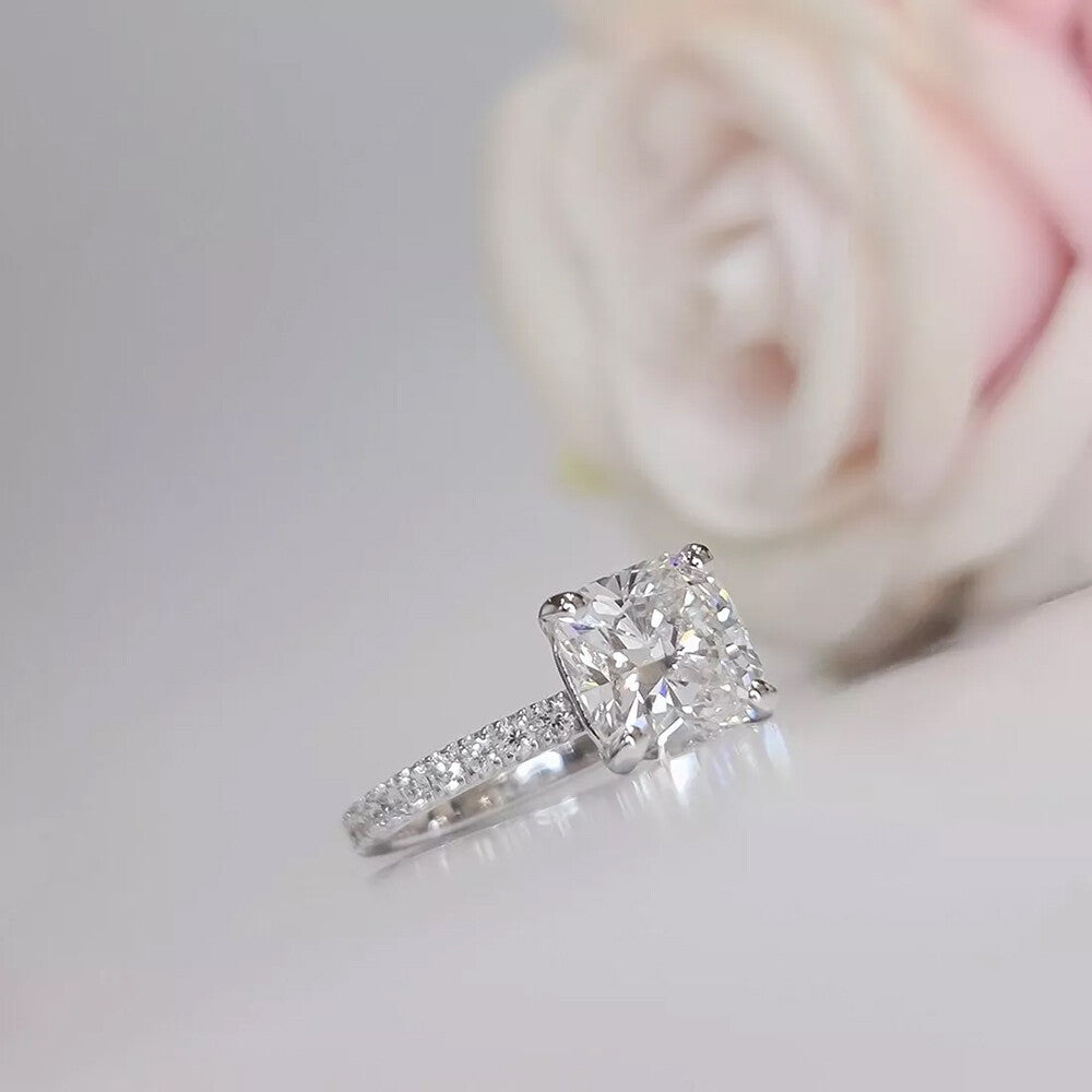 2.50 Ct Certified Cushion Cut White Moissanite Ring For Women 18K Gold Plated Vermeil