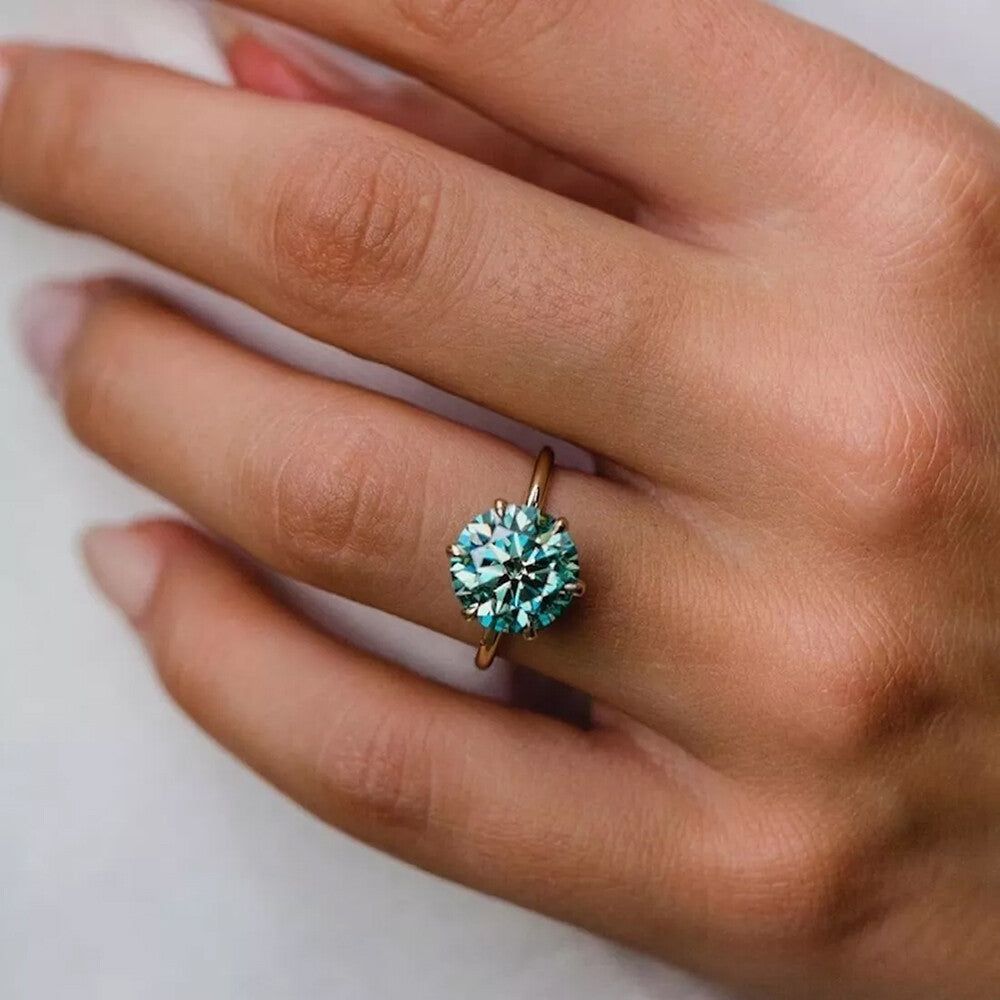 2.75 Ct Blue Moissanite Round Solitaire Ring - 925 Sterling Silver Gold Vermeil