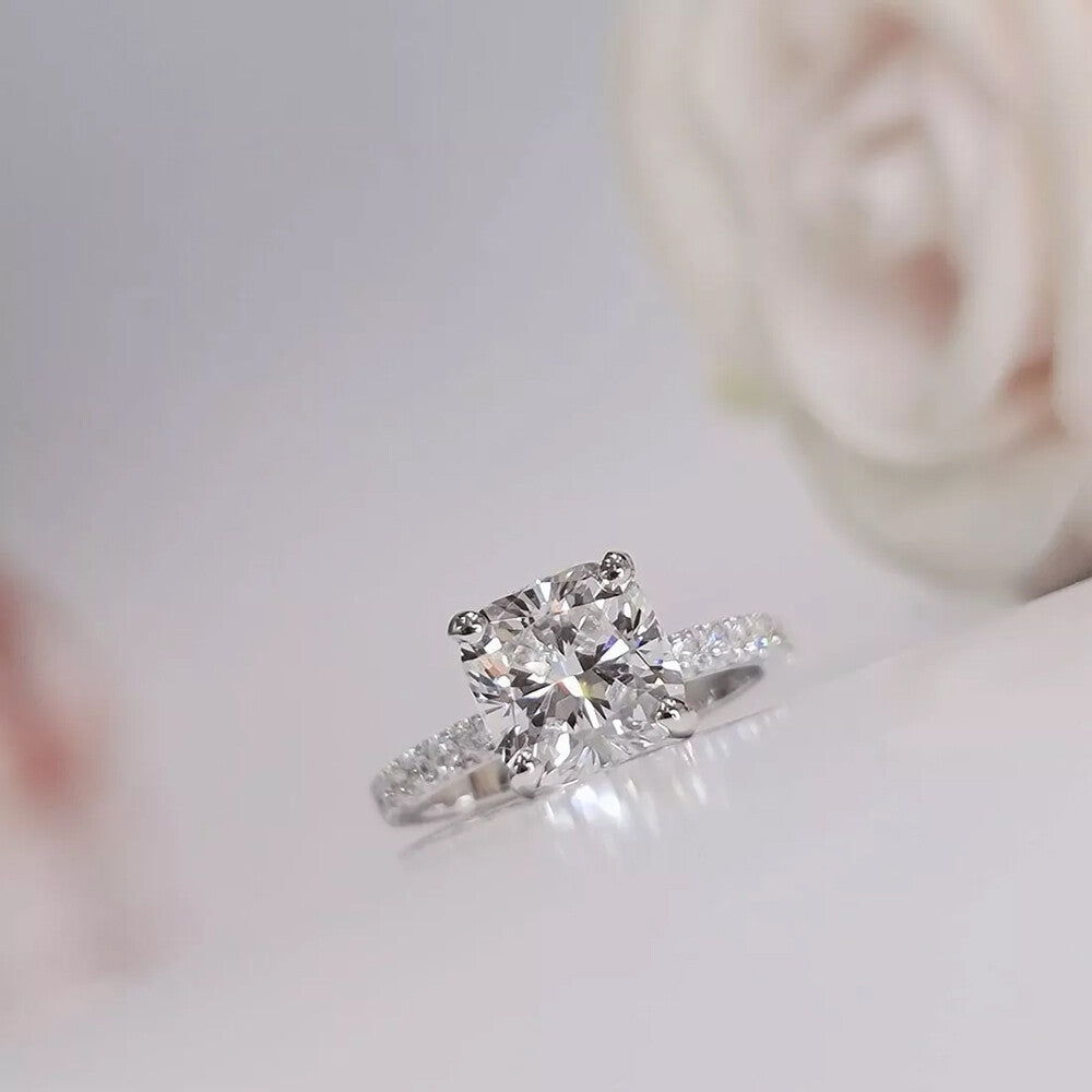 2.50 Ct Certified Cushion Cut White Moissanite Ring For Women 18K Gold Plated Vermeil
