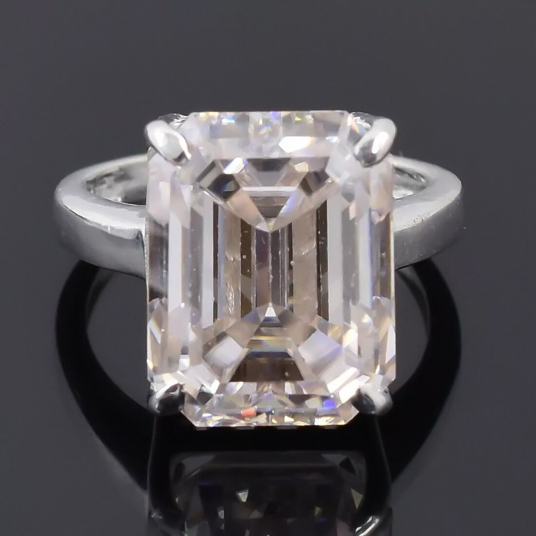 27.50 Ct Certified Emerald Cut White Moissanite Solitaire Ring in Gold Vermeil - GEMHUB
