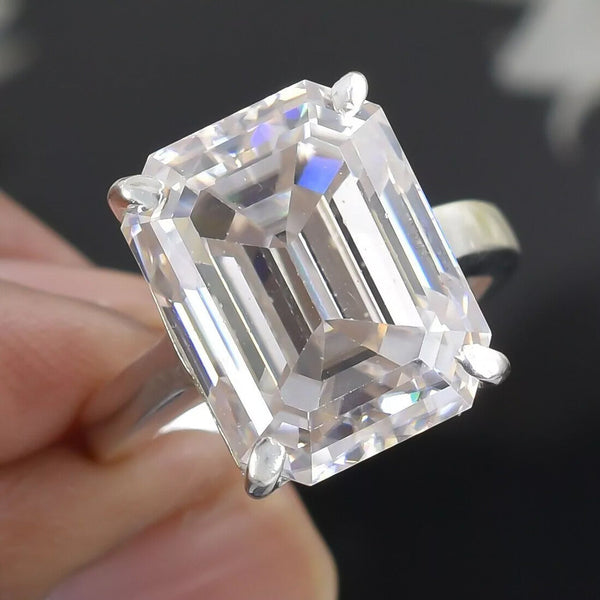 27.50 Ct Certified Emerald Cut White Moissanite Solitaire Ring in Gold Vermeil - View 4 - GEMHUB