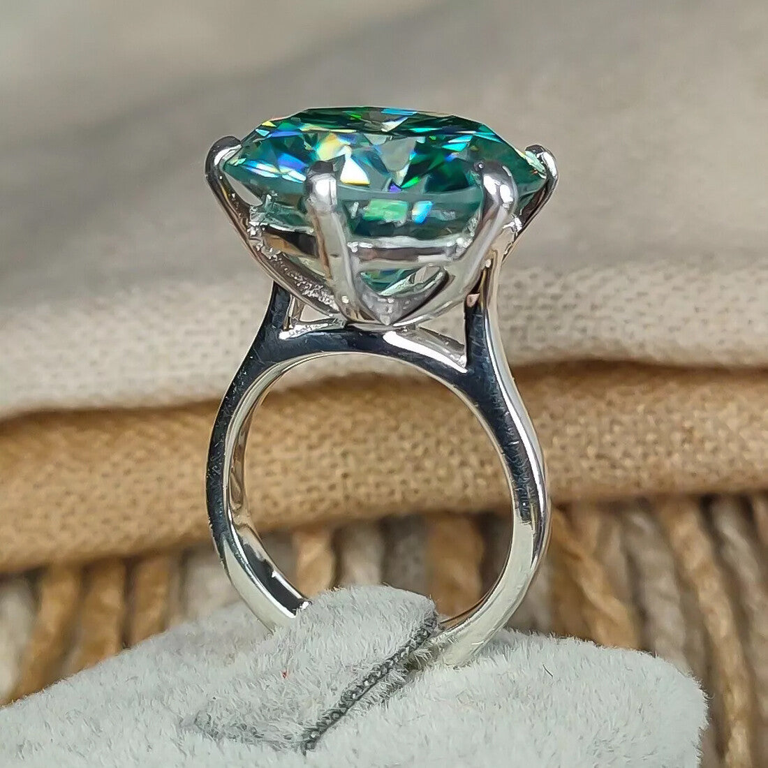 17.2 Ct Certified Round Cut Blue Moissanite Gold Vermeil Solitaire Ring - View 3 - GEMHUB