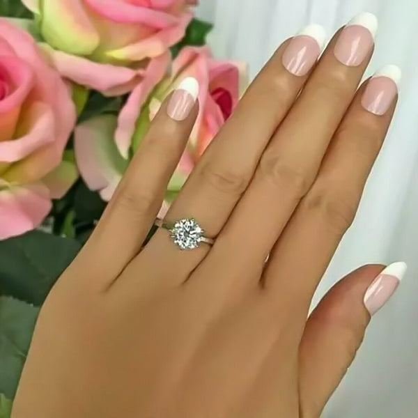 Certified 2.20 Ct. Emerald Cut White Round Moissanite Solitaire Ring in 18K Gold Plated