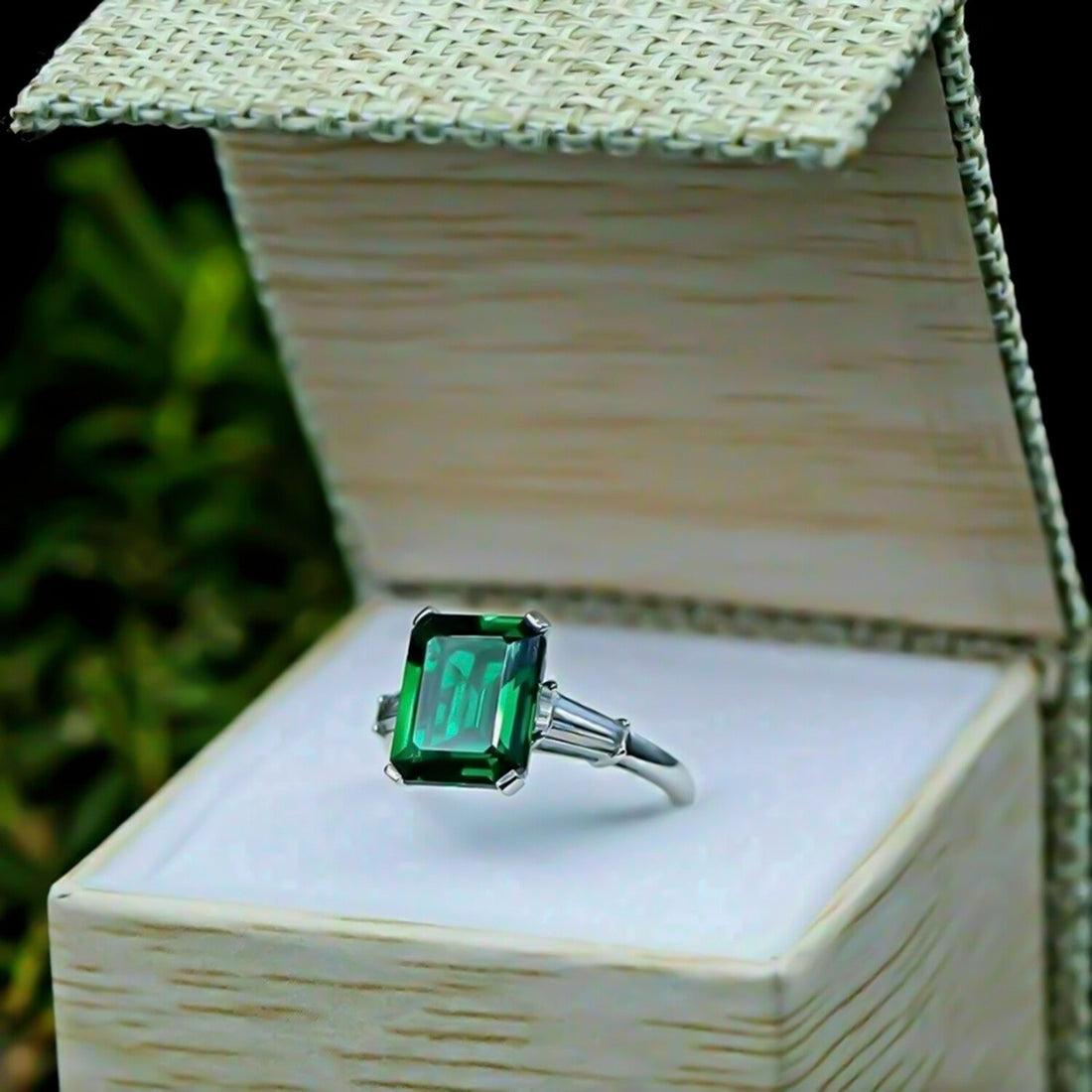 Certified 3.80 Ct Natural Emerald & Moissanite Engagement Ring 14K Solid White18K Gold Plated