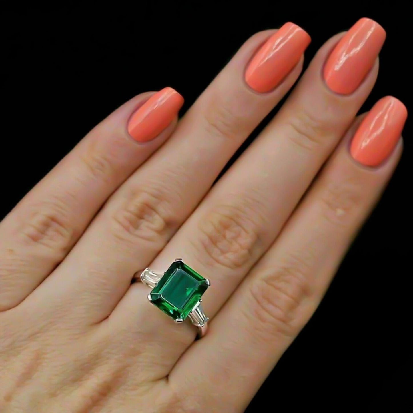 Certified 3.80 Ct Natural Emerald & Moissanite Engagement Ring 14K Solid White Gol 18K Gold Plated