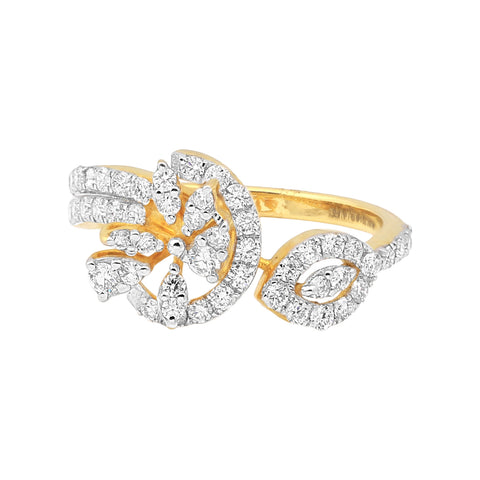 0.75 Ct IGI Certified 18k Yellow Gold Diamond Ring - Elegant Leaf Cluster Design